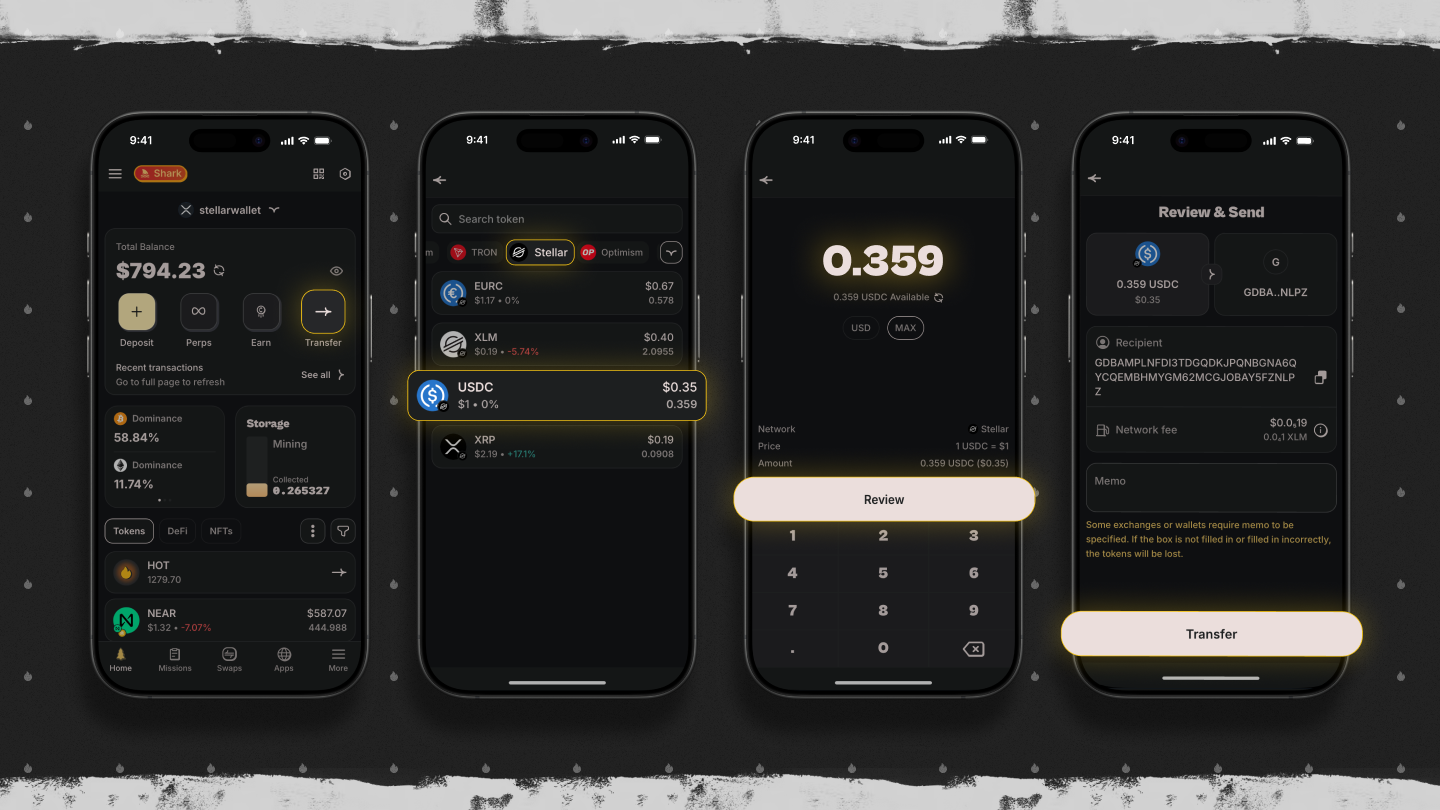 Step-by-step USDC transfer on Stellar in HOT Wallet: select token, enter amount 0.359 USDC, review transaction details and confirm transfer with low network fee – fast & secure 2026